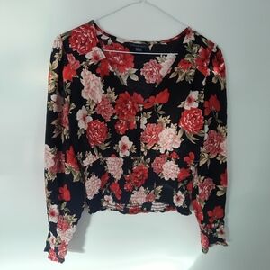 AMERICAN EAGLE Black Pink & Red Floral  Long Sleeve Crop Top XS